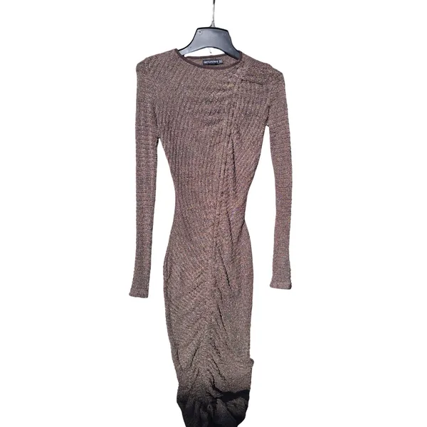 PrettyLittleThing NWT 59O Chocolate Textured Ruched Long‎ Sleeve Midi Dress Sz 4 - Image 4