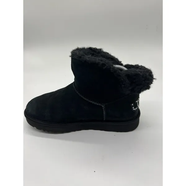 UGG Boots Womens Size 7 Black Suede Shearling Ankle Booties Rhinestone Logo - Image 5