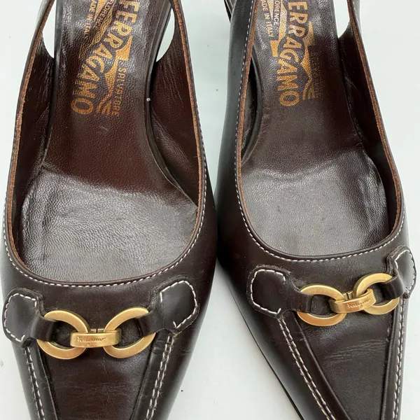 Salvatore Ferragamo Acribia Slingback Kitten Heels Chocolate Brown Gold 7.5 - Image 7