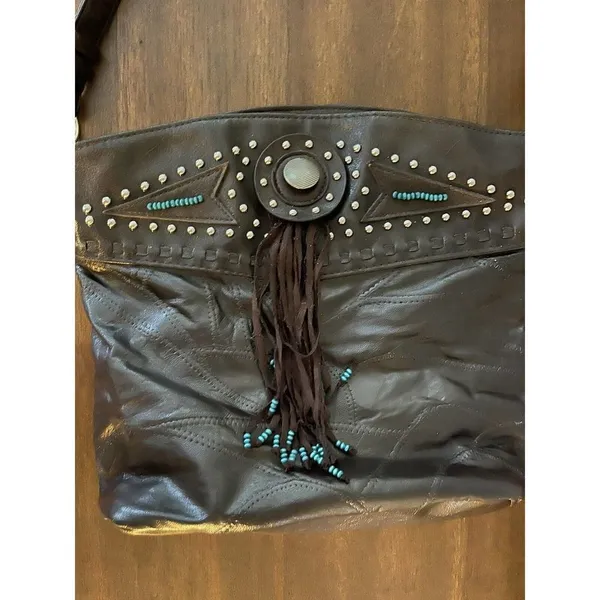 Brown leather BOHO Southwest fringe bag purse studded Turquoise Accent Aztec - Image 3