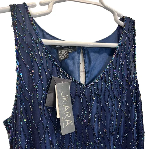 J Kara Beaded Sleeveless Popover Sheath Dress Iridescent Sequin Navy‎ Size 14 - Image 6