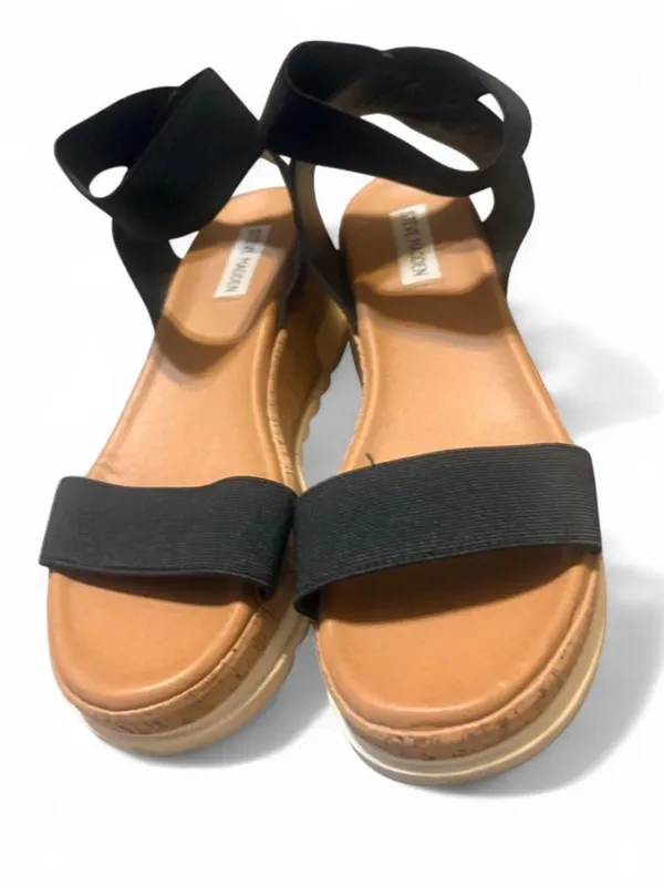 Steve Madden black platform sandals with cork sole and black elastic straps. 10 - Image 4