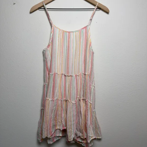 Anthropologie dRA Women Cotton Mini Dress Striped‎ Metallic Tiered Babydoll Boho - Image 6