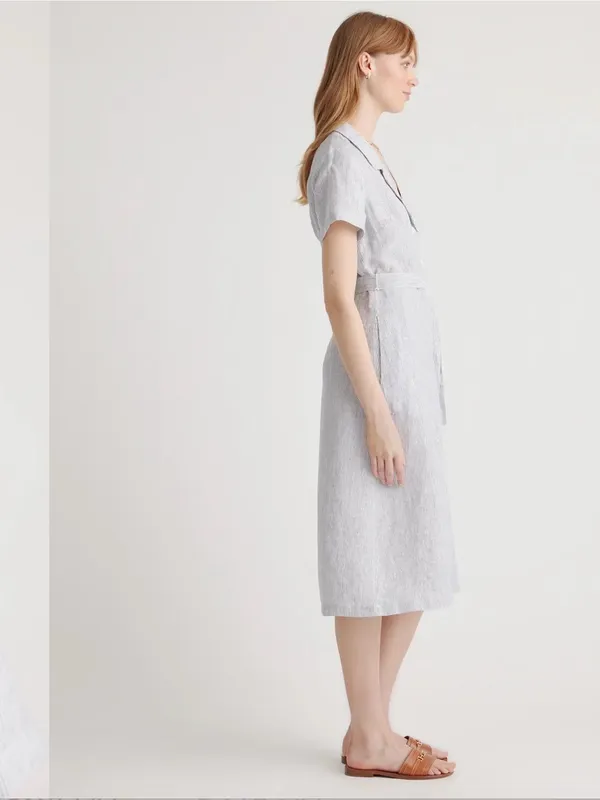 Quince Light Gray Striped Button-Front Tie-Waist Midi Dress - Image 2