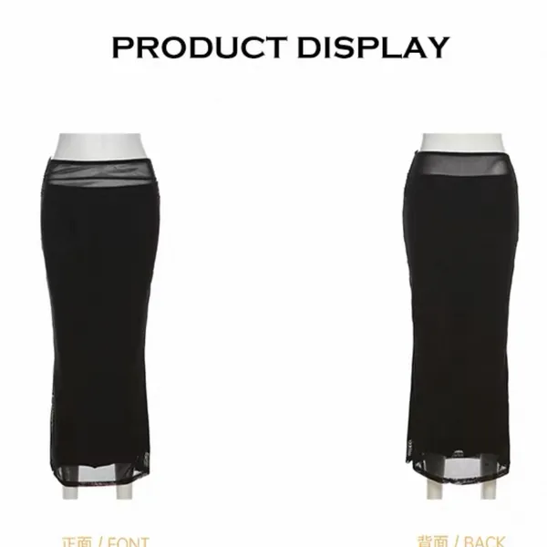Black Minimalist Y2K Mesh Stretchy Flowy Elastic High Waisted Long Maxi Skirt - Image 4
