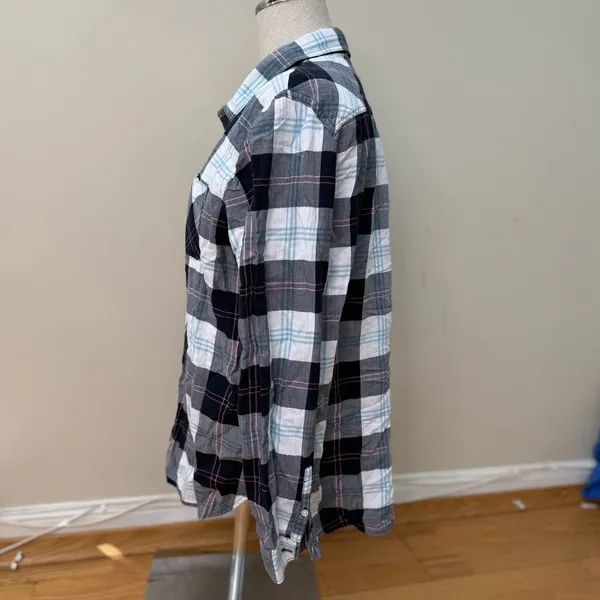 Barbour Womens Shoreline Shirt 10 EUC Oversized Windowpane Tartan Coastal Preppy - Image 3