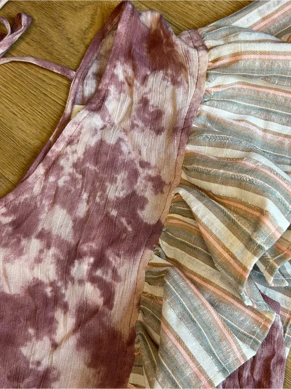 XL Boutique Pink/Purple white Tie-dye Cotton Blouse Striped Ruffle Peplum Crop - Image 6