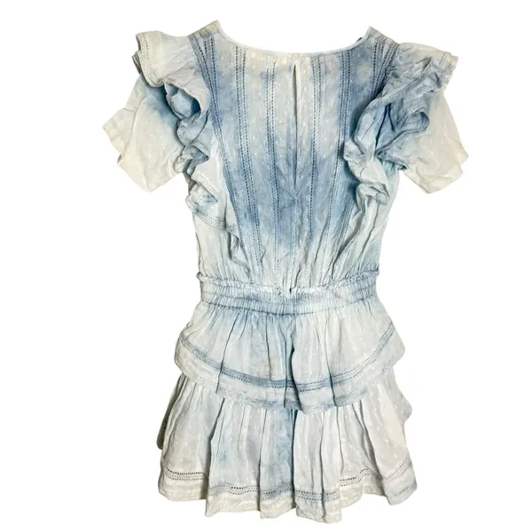 LoveShackFancy Natasha Light Blue Tie Dye Cotton Ruffled Tiered Lace Mini Dress - Image 9