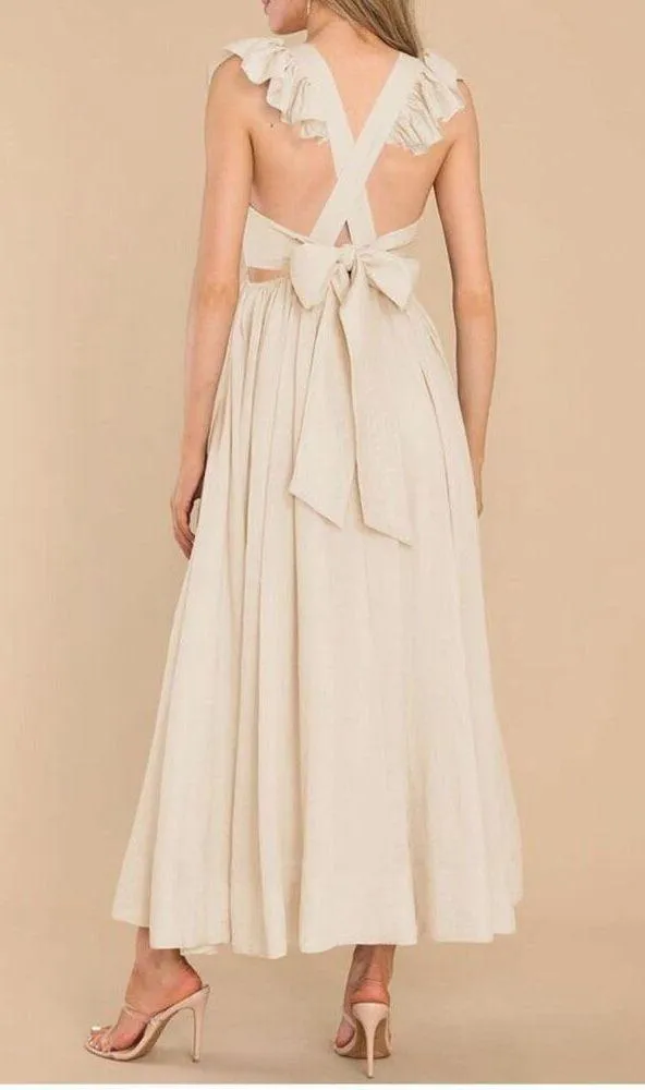 NEW Flutter Sleeve Square Neck Tie Back A-Line Maxi Dress Pocket L - Image 3