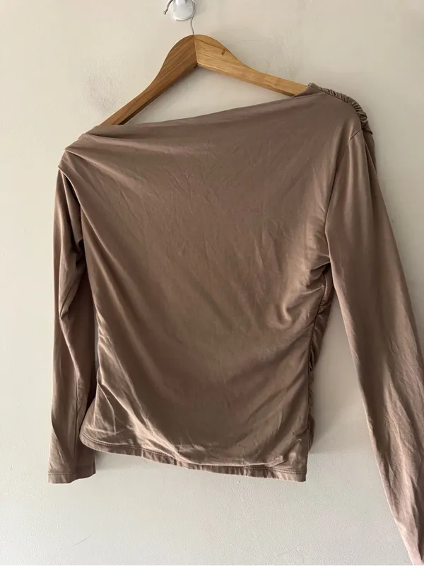 Abercrombie & Fitch Brown Asymmetrical Ruched Long Sleeve‎ Top A&F Modal Blend - Image 3