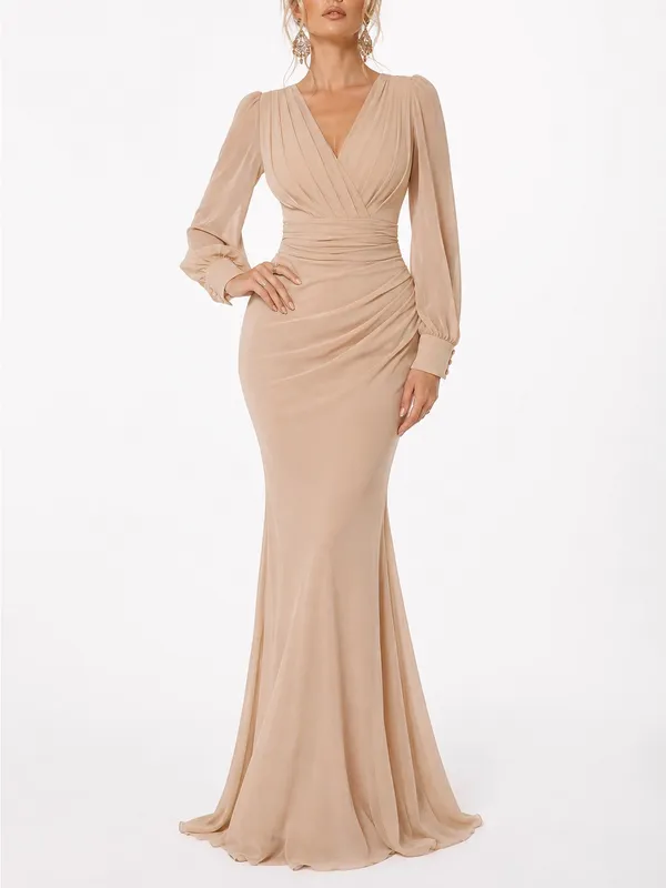 Faeriesty Champagne Ruched V Neck Long Sleeve Mermaid Formal Gown Size XL - Image 5