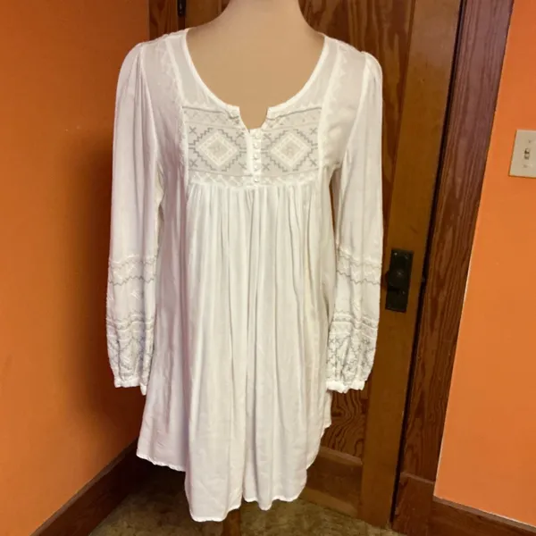 Mollorello White Embroidered Boho Tunic Top Peasant Babydoll Blouse Cottagecore - Image 5