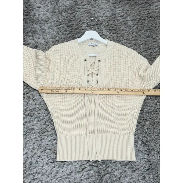Madewell Lace Up Front Chunky Knit Sweater Cream Beige Long Sleeve Preppy Size S - Image 9