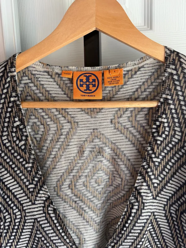 Tory Burch Button Up Cardigan Women's Geometric Sleeve Stretch 100% Wool Size:L - Image 3