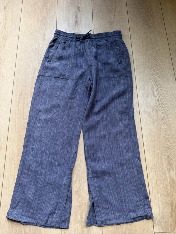 Athleta Cabo Linen Textured Wide Leg Pants Size Medium Navy Blue - Image 8