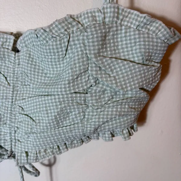 Princess Polly Gingham Crop Top Ruffle Trim Tie Front Green White‎ Size US 10 - Image 2