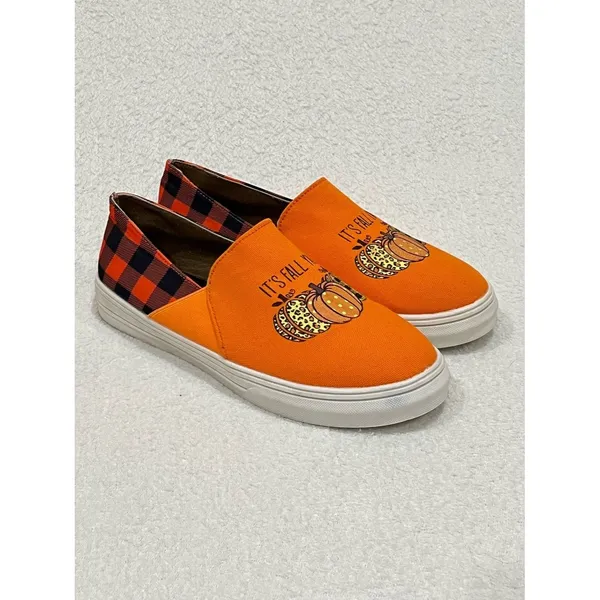 Orange Pumpkin “It’s Fall Y’all” Buffalo Plaid Canvas Slip On Sneakers Size 9.5 - Image 10