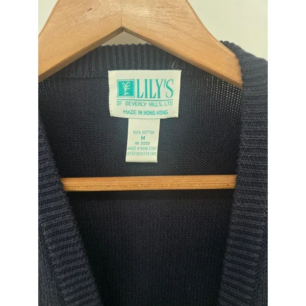 Lily's of Beverly Hills Sweater Vest Womens M Embroidered Navy Blue Cotton EUC - Image 2
