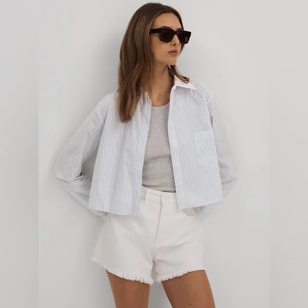 Good American Cotton Poplin Cropped Shirt‎ in Blue Stripe XS - Image 5