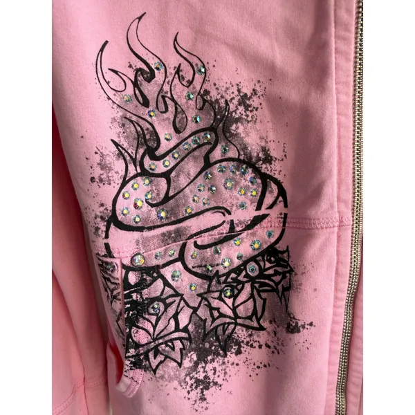Bejeweled by Susan Fixel Pink Tattoo Graphic Rhinestone Zip Up Hoodie Womens y2k - Image 5
