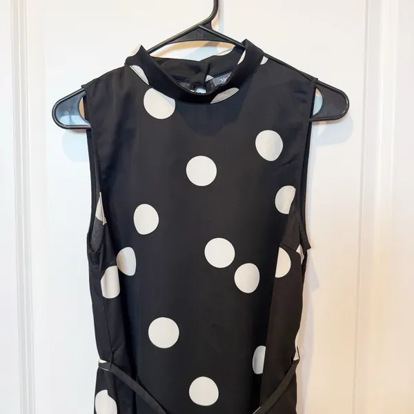 ModCloth Womens Polka Dot Fit & Flare Dress Medium Mock Neck Tie Retro‎ Parisian - Image 2