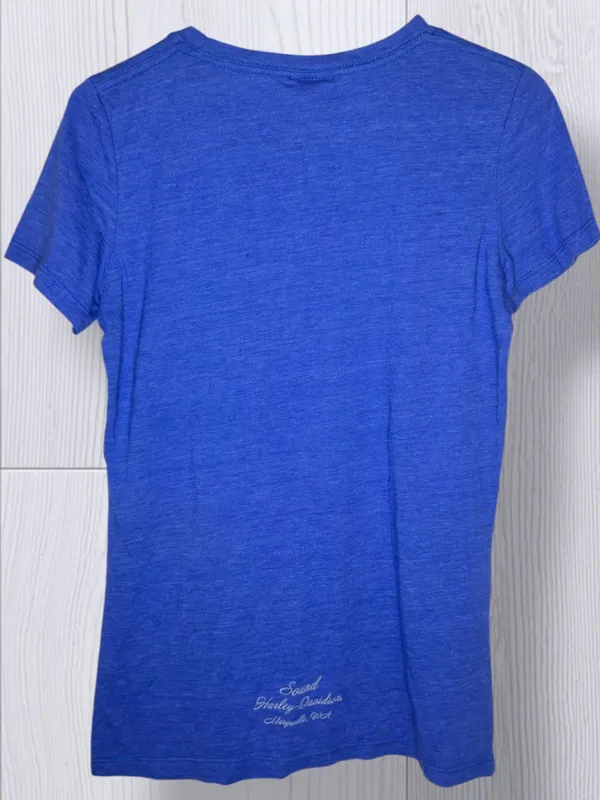 HARLEY DAVIDSON Vintage Royal Blue Heather Graphic T-Shirt | Red Spellout Logo - Image 4