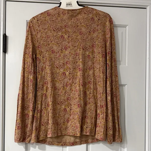 Ralph Lauren BROWN RED FLORAL RUFFLE L BUTTON UP BLOUSE BEIGE 100% COTTON - Image 7
