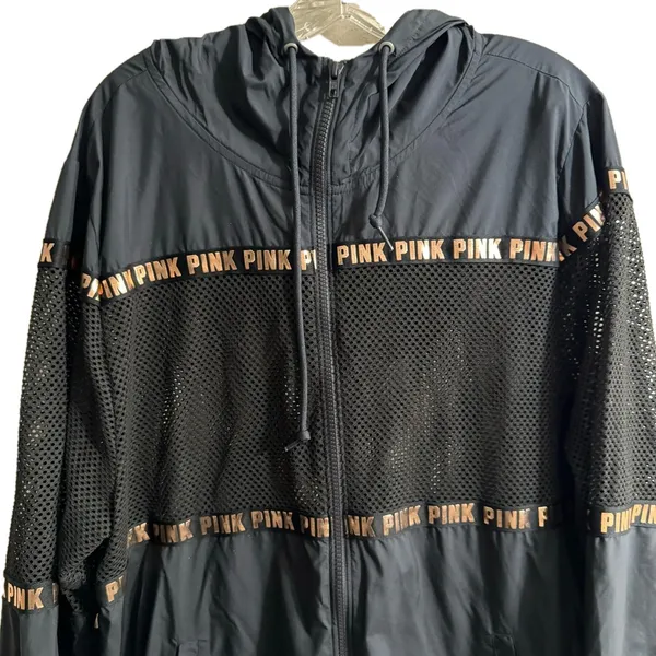 PINK Victorias Secret Zip Front Hooded Vented Jacket-Black/Gold-Polyester-SZ M/L - Image 3