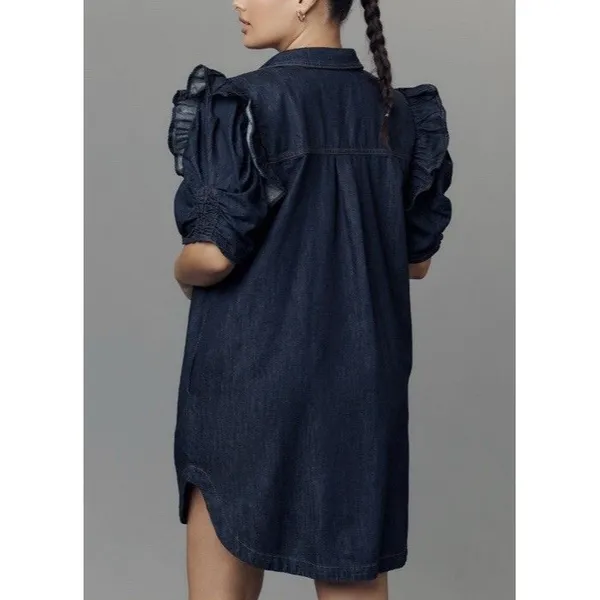 Anthropologie PILCRO RUFFLE-SLEEVE DENIM SHIRT DRESS XXS NEW Preppy Boho Resort - Image 8