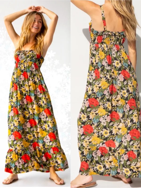Natural Life Elizabeth Maxi Dress Black Red Poppy Floral Bohemian Hippie Boho - Image 2