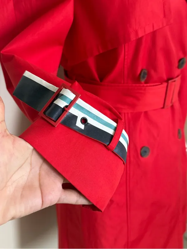 VIKI Red Trench Coat Womens 55 S Belted Double Breasted Korean Fashion NWOT - Image 5