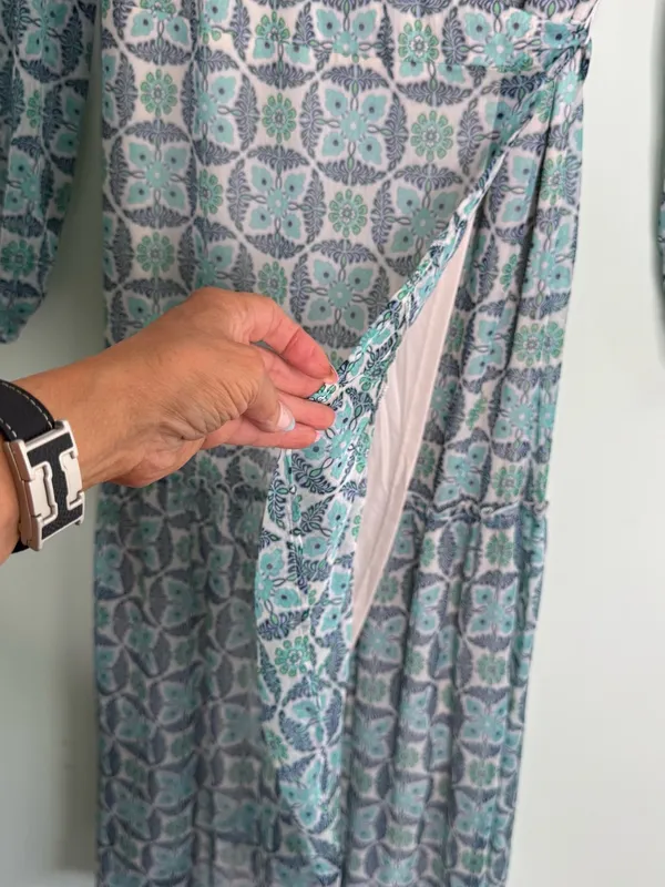 Lovestitch Rio Blue Patterned Maxi Wrap Dress Size L EUC Boho Chiffon - Image 8