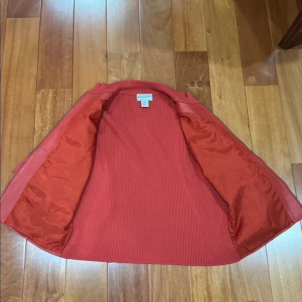 Pendleton Mixed Media‎ Jacket Womens Red Leather Front Merino Wool Zip Large - Image 7