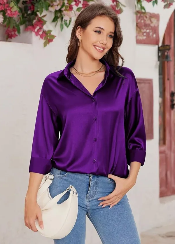 Silk Button Down Blouse Purple Size XXL - Image 3