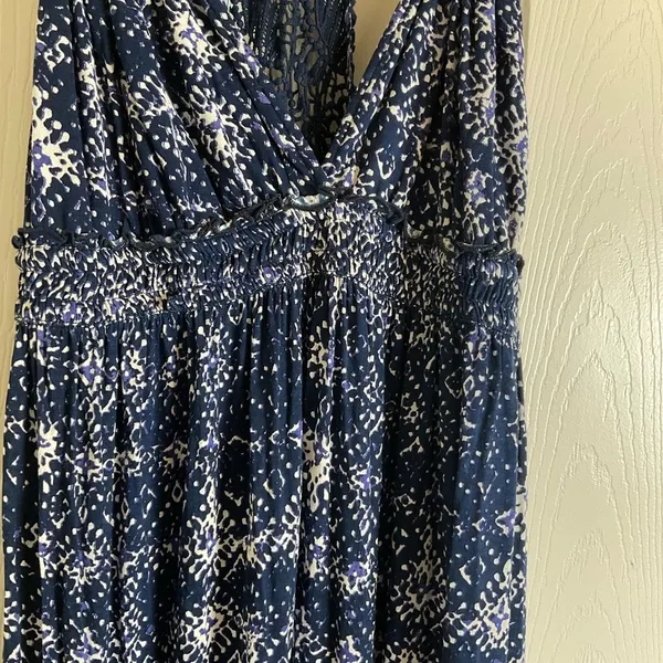 Lucky Brand John Robshaw Crochet Lace Back Maxi Dress Navy Blue White Small Boho - Image 5