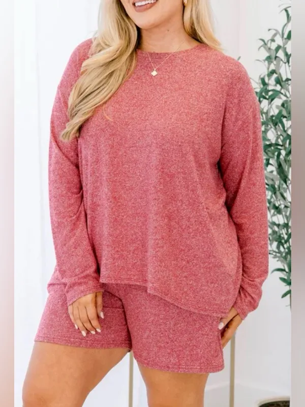 Zenana Plus Size Dark Red Plus soft melange long sleeve tee & shorts set Size 1X - Image 4