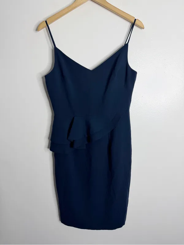 Black Halo Navy Peplum Sheath Dress V Neck Ruffle Cocktail Wedding Guest Size 8 - Image 2