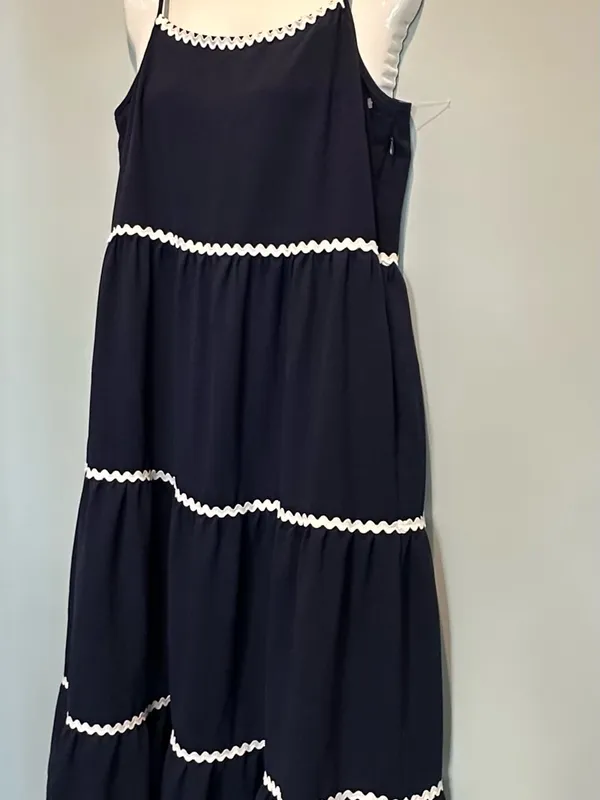 BTFBM Tiered Midi Dress Navy/ White Rick Rack Trim adjustable straps size Small - Image 5