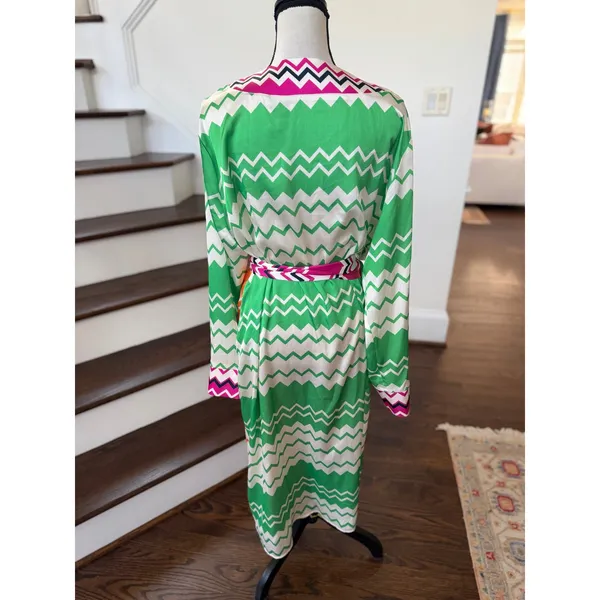 Never Fully Dressed Orange Green Chevron Long Sleeve Wrap Satin Midi Dress - Image 4