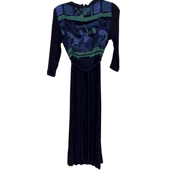 Vintage Blue Crepe Midi Dress Womens 8 80s Embroidered Short Sleeve Green Fall - Image 2