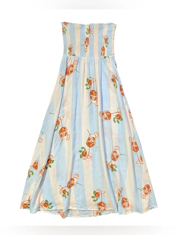 C&C California Linen Strapless Midi Orange Cocktail Spritz Novelty Print Dress - Image 5