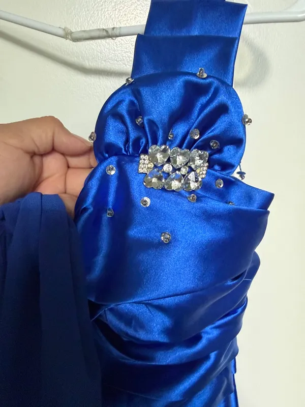 One-Shoulder Royal Blue Satin Party Dress with Embellishment - Image 2