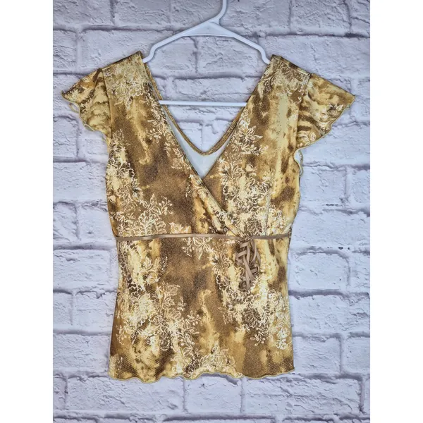 Vtg Y2K Rave Faux Wrap Top Brown Floral Lettuce Hem Whimsigoth Cap Sleeve M Knit - Image 2