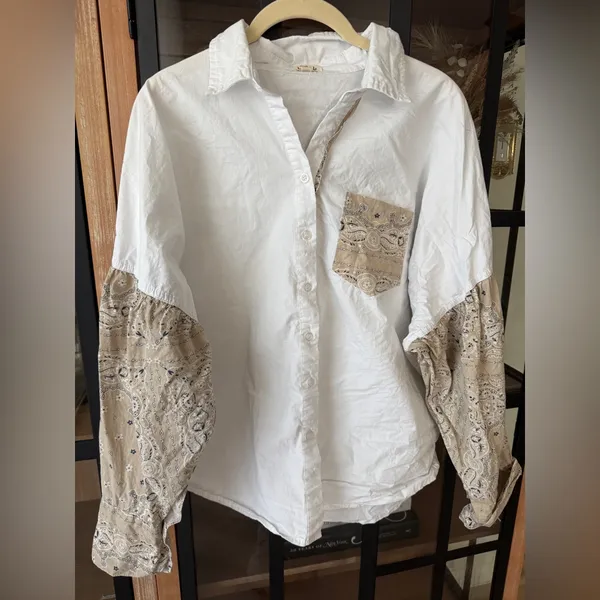 POL Bandana button down shirt top patchwork puff long sleeves western rodeo top - Image 7
