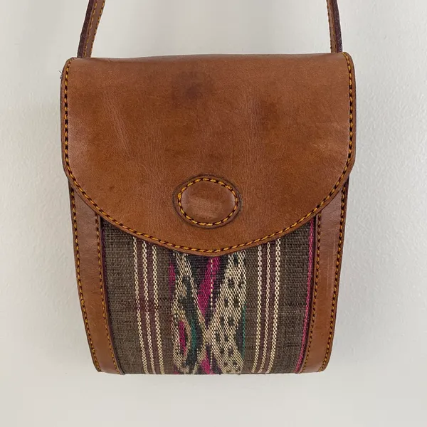 Vintage Southwestern Light Brown Faux Leather Tapestry Panel Crossbody Bag Purse - Image 3