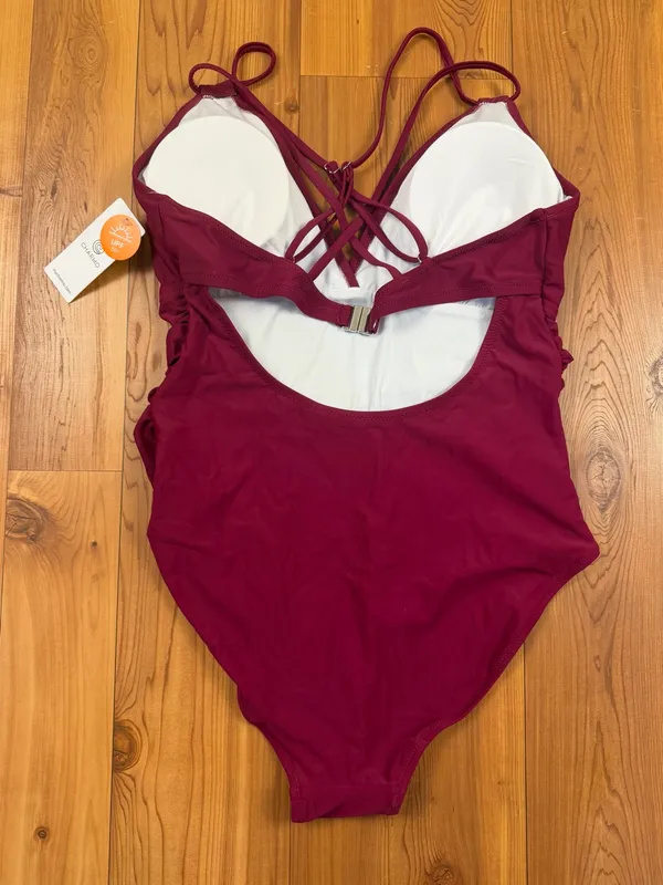 Charmo Ruched One Piece Swimsuit Maroon V-Neck Crisscross Back Tummy Control XL - Image 3