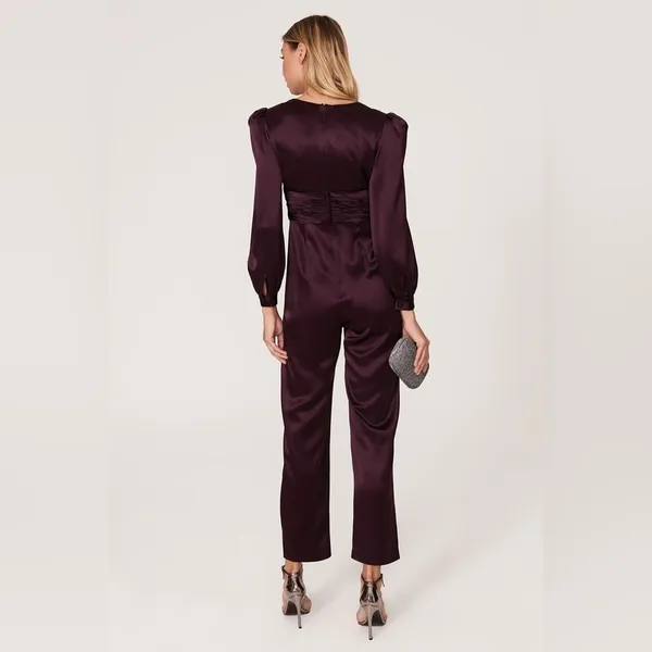 NWT Mac Duggal Front Twist Puff Sleeve Deep V Jumpsuit Size 2 Plum #2647 - Image 3