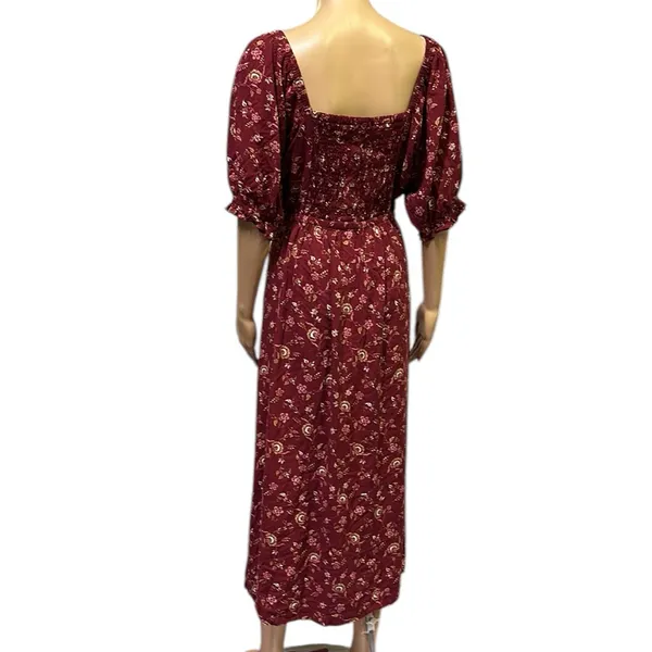 Mod Lusive Rayon Burgundy Floral Print Smocked Back Puff Sleeve Maxi Dress XL - Image 4