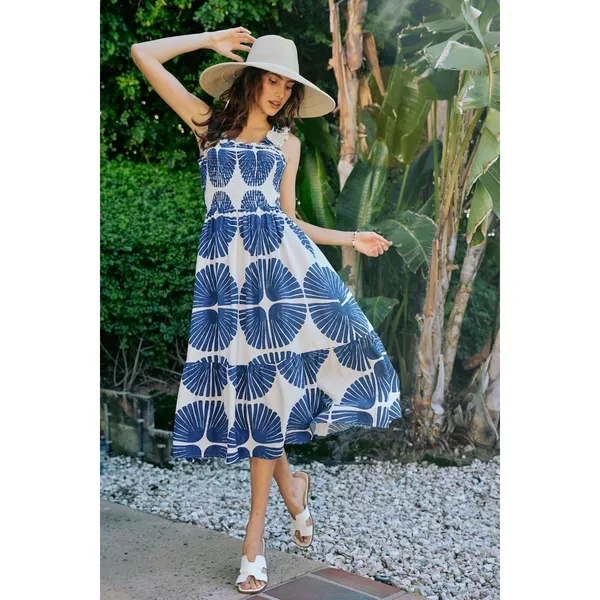SO ME Abstract Print Smocked Bodice Tiered Lined Midi Dress - Navy - Large - Image 16
