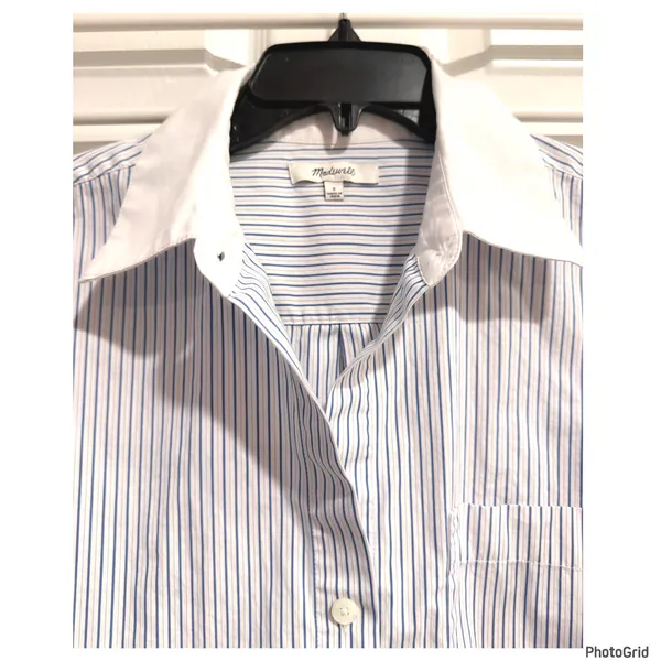 Madewell Easy Y-Neck Poplin Button Shirt Blue White Stripe Preppy Fold Cuffs - Image 2